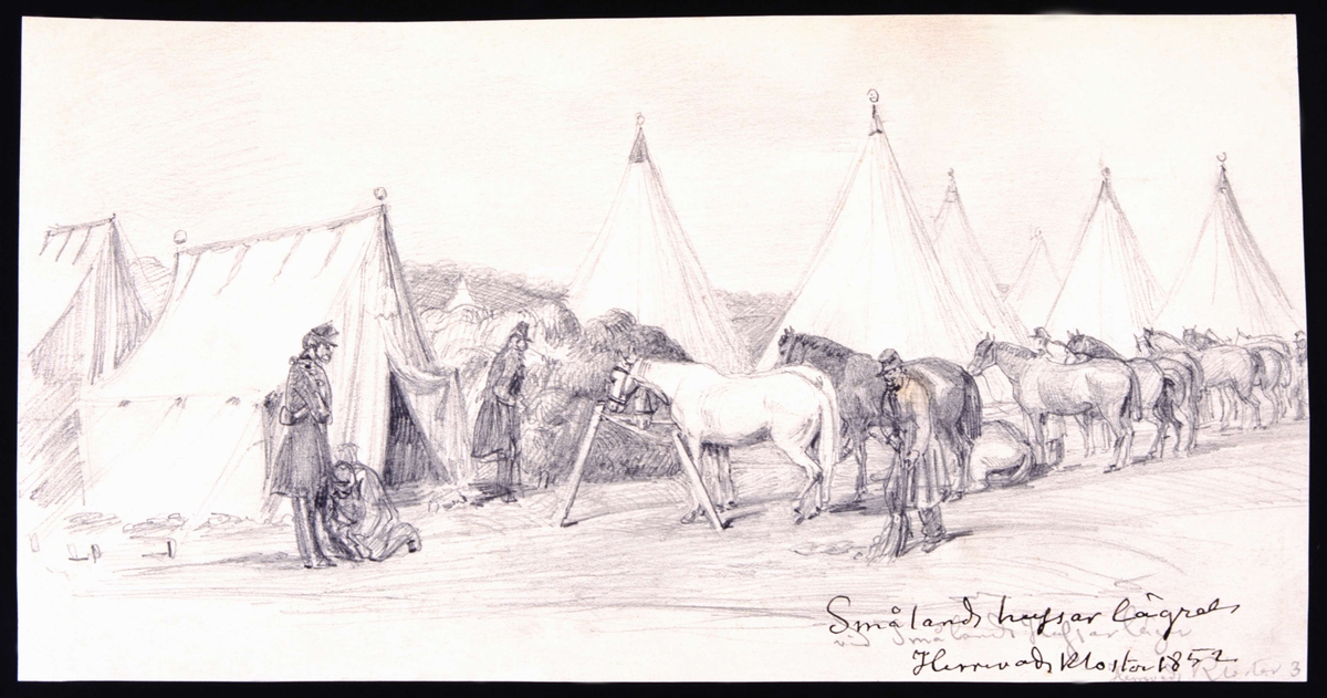 "Smålands husar lägret Herrevadskloster 1852." Blyertsteckning av Fritz von Dardel, 1852