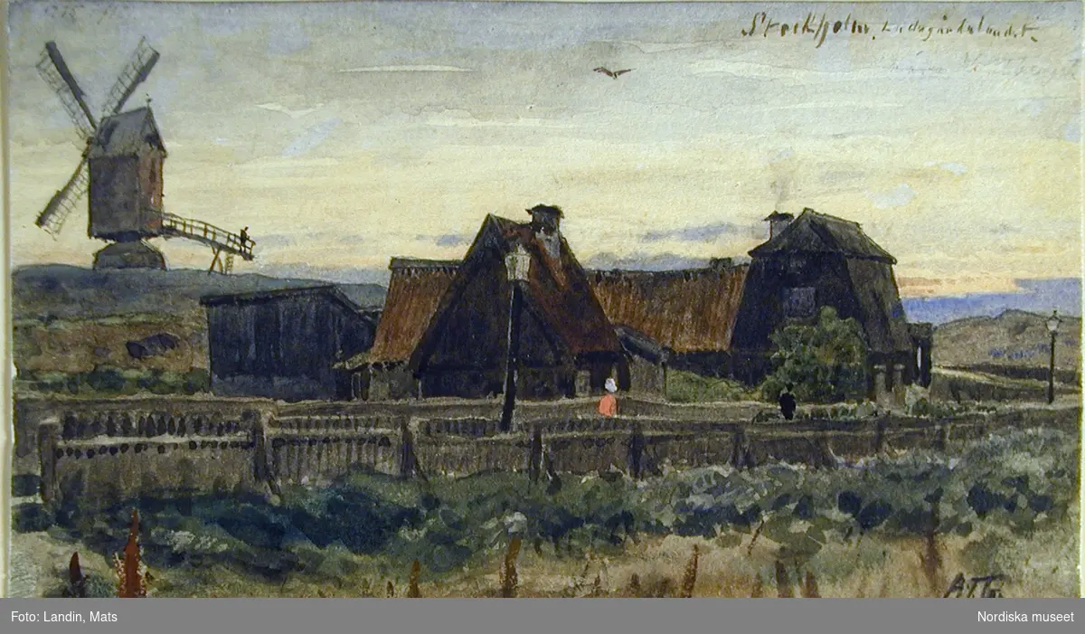 Akvarell av A T Gellerstedt. Motiv med byggnader och kvarn från Ladugårdslandet  i Stockholm 1880.