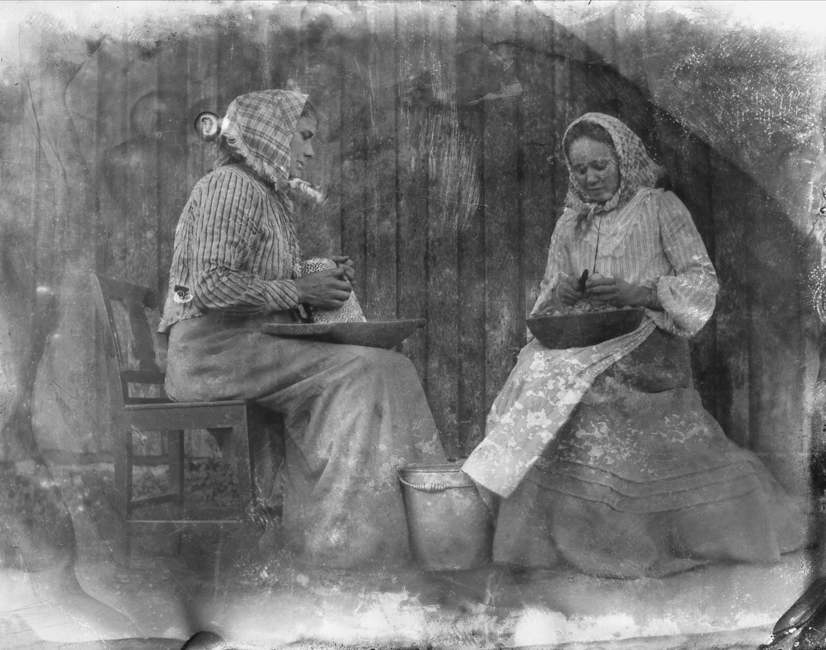 "Råskalning av potatis till pannkaka". Två kvinnor sitter och skalar potatis med hink mellan sig.