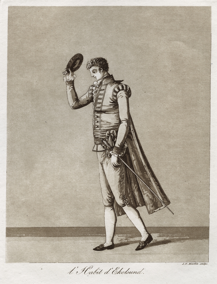 "L'Habit d'Ekolsund". Herre i Gustaf III:s så kallade Ekolsundsdräkt. Akvatint av J F Martin, förmodligen efter teckning av J A Aleander. Trol. 1780-tal.