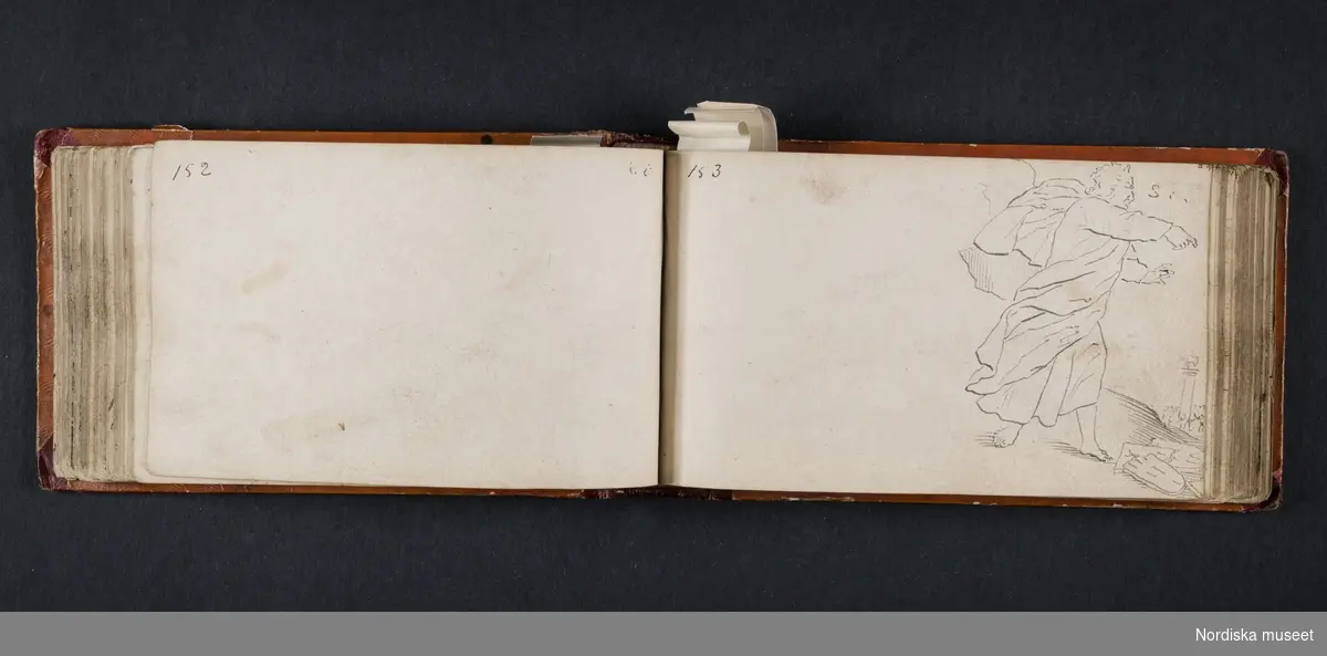 "Röda boken". Liten bok med initialerna H B på framsidan och årtalet 1728 på baksidan. Boken innehåller skisser av myter, människor, djur, byggnader och växter. Enligt medföljande utdrag ur brev från Knut Almström till direktör Fredrik Wehtje 1952 så har boken tillhört Petter Gustaf Löfström och därefter en man med efternamnet Bundred som var gravör vid Rörstrand.
