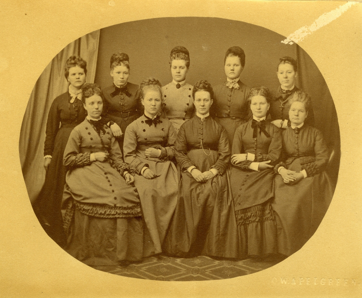 Gruppe 10 kvinner i kjoler