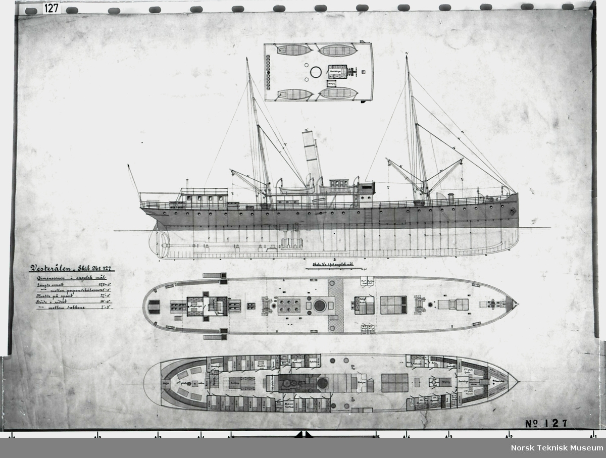 Tegninger av B/N 127 DS Vesteraalen bygget ved Aker mek. Verksted for Vesteraalens Dampskibsselskab (VDS), sjøsatt 1890 og overlevert i 1891