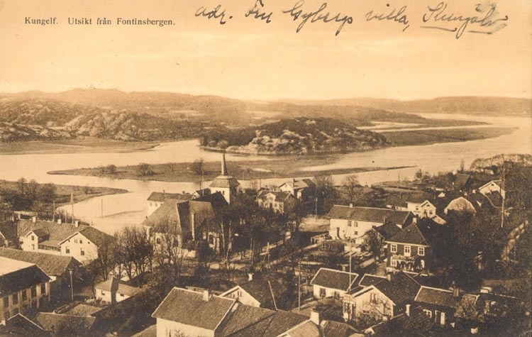 Tryckt text på kortet: "Kungelf. Utsikt från Fontinsbergen".

