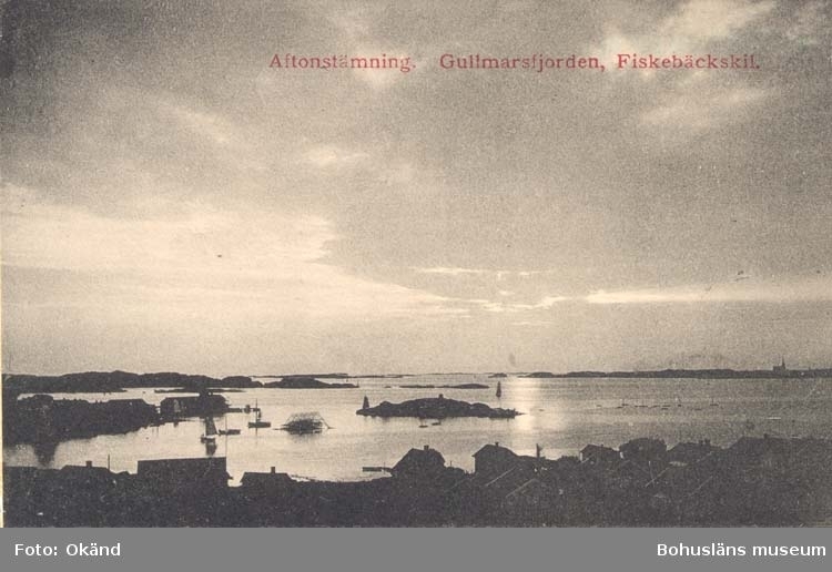 Tryckt text på kortet: "Aftonstämning. Gullmarsfjorden. Fiskebäckskil."
"Tekla Bengtssons Pappershandel, Fiskebäckskil."