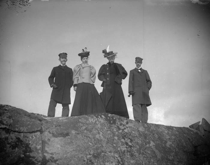 Enligt text som medföljde bilden: "Dalskogen. Ahlin och H. Hallgren, fröknarna Enander och Sjöstam 1897."