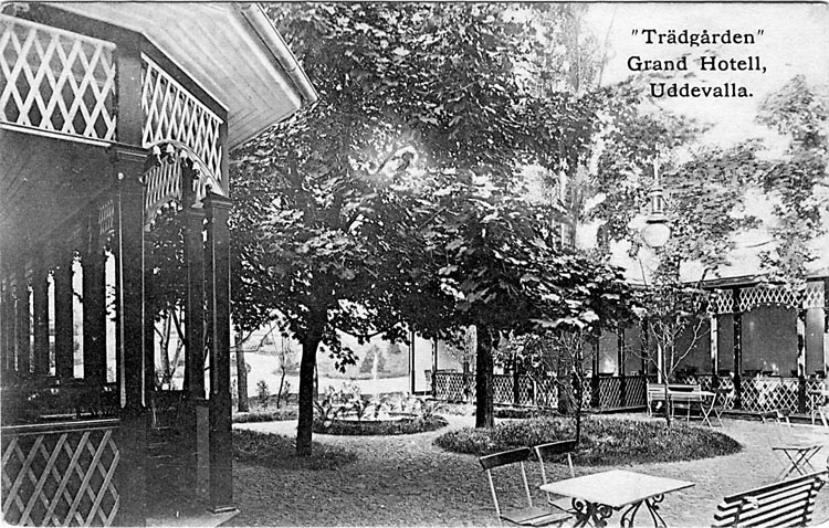 Tryckt text på vykortets framsida: "Trädgården" Grand Hotell, Uddevalla."