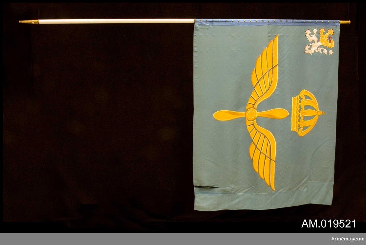 Fanans motiv består av två gula vingar runtomkring en propeller (Flygvapnets vapenbild) som är krönta av en kunglig krona. I övre högra hörnet finns ett västgötalejon i gult och vitt (silver) med röda klor och tunga, och två silverstjärnor. Motiven är utförda i broderi gjort för hand. I fållen i övre vänstra hörnet finns texten: Heraldisk konst Kedja 1939, vilket är  tillverkarens signatur. På doppskon märkt: Kungliga Västgöta flygflottilj. Fanans stång är inte delbar.