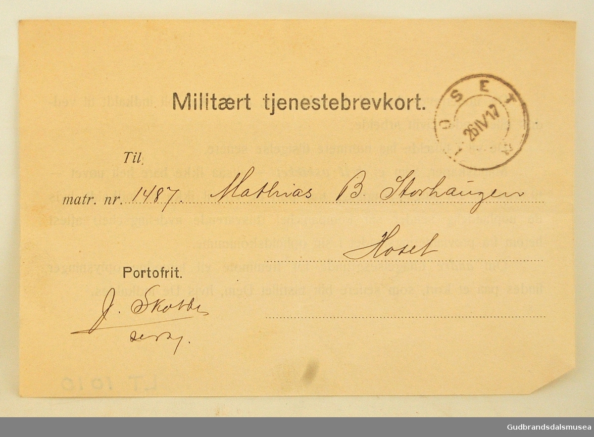 Militært tjenestebrevkort i papir, for matr.nr. 1487, datert 1926.