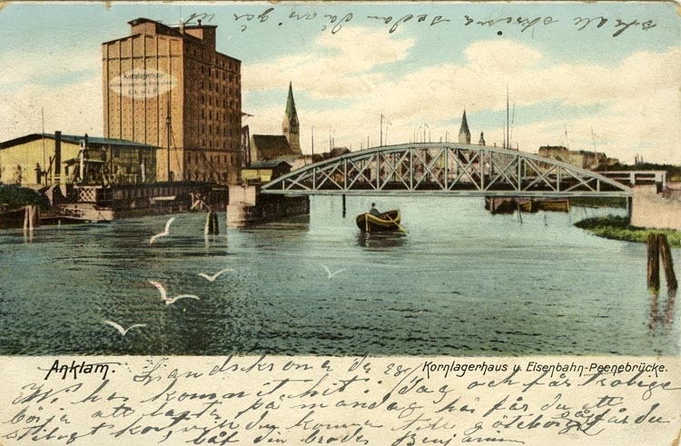Notering på kortet: Anklam. Kronlagerhaus-Peenebrücke.