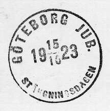 Datumstämpel, s k minnespoststämpel. Rund, med heldragen
ram,groteskstil, delat årtal. Användes sista dagen
avJubileumsutställningen i Göteborg 15 oktober 1923, som firade
stadens300-årsjubileum.
