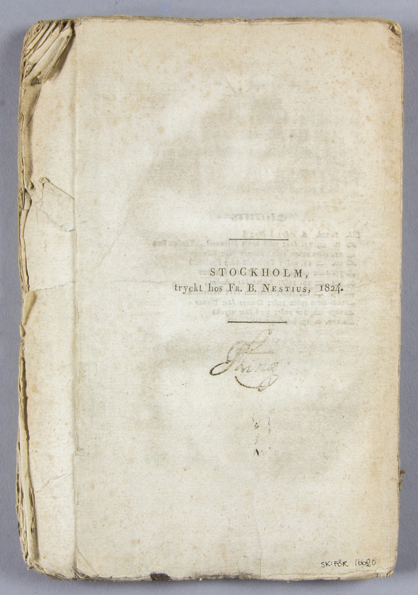 Bok, häftat pappersband: "Visburs söner. Sorgspel af Ling" skriven av Pehr Henrik Ling och tryckt hos Fr. B. Nestius Tryckeri  i Stockholm 1824.

Häftad och oskuren i blåttt omslag. Saknar dock fram och baksida av omslaget.