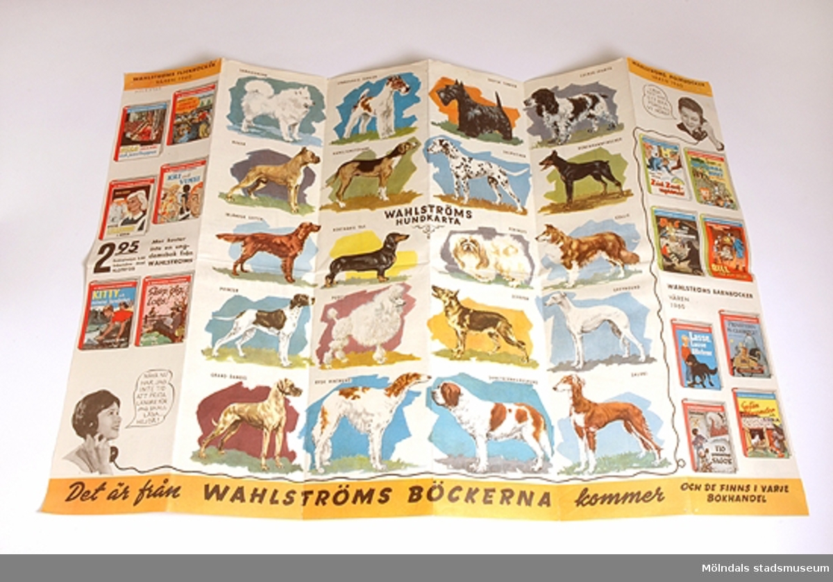 Reklamblad i färg utgivet av B Wahlströms bokförlag, 1960. Framsidan har en hundkarta - olika hundraser, samt bilder på flick-, pojk- och barnböcker, pris 2,95. På baksidan finns fler bokförslag och en tävling för ungdomar.Givaren fick detta reklamblad i en bokhandel. Hon hade hundkartan uppsatt på vägen i sitt rum och lärde sig alla de olika hundraserna. Givaren kontrollerade också de nyutkommna böckerna, så att hon kunde önska sig dem.