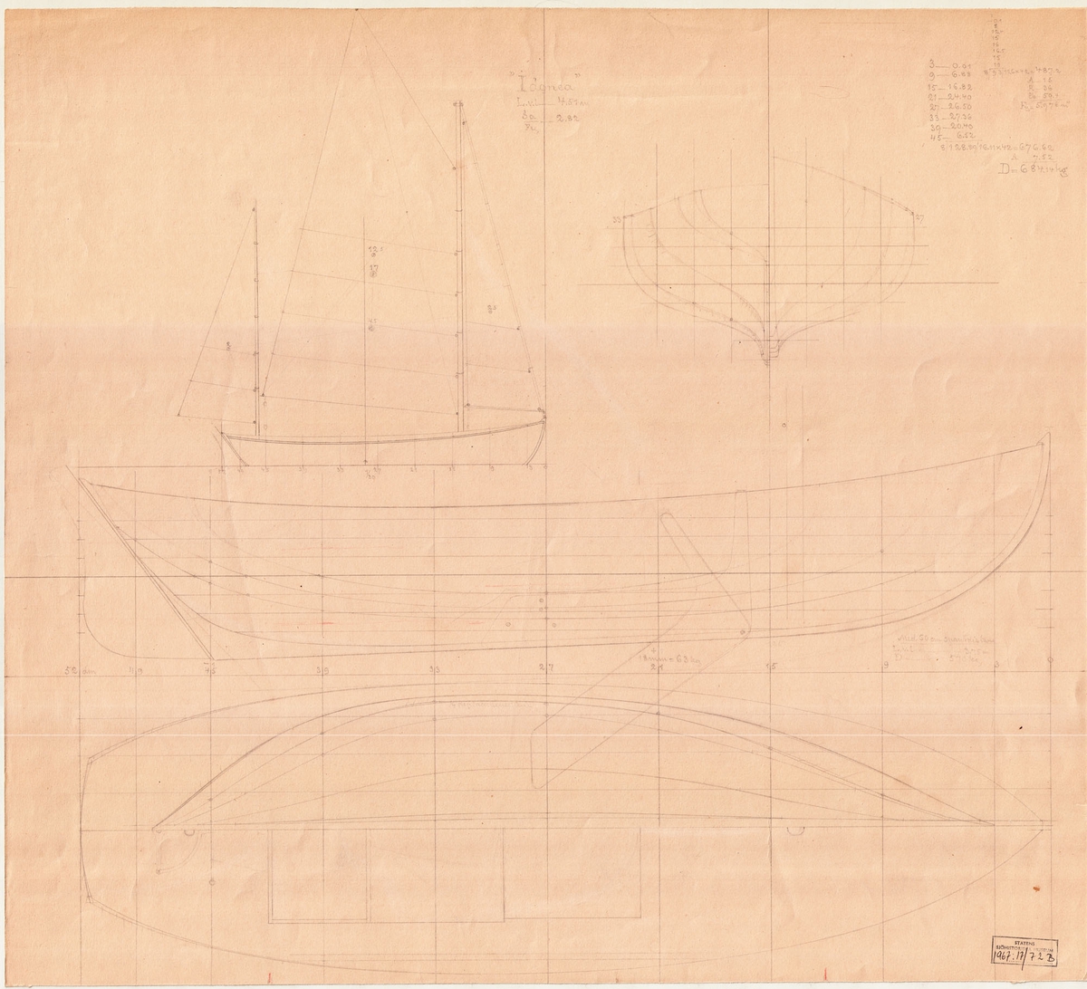 Tvåmastad segelkanot med gaffelrigg och centerbord.
Spantruta, segel-, profil- och linjeritning