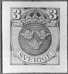 Frimärksförlaga till frimärket Lilla Riksvapnet vm krona, utgivet 1910- 1911. Valör 3 öre.