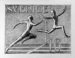 Ej realiserade förslag till frimärke Riksidrottsförbundet 50 år, utgivet 27/5 1953. Svenska gymnastik- och idrottsföreningars
riksförbund bildades 1903. Konstnär: Georg Lagerstedt.
Valör 10 öre.