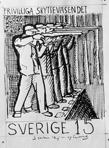 Frimärksförlaga - skisser - till frimärket Frivilliga Skytteväsendets 100-årsjubileum, utgivet 30/6 1960, av konstnär Sven Ljungberg. (I Postmusei samlingar). 
Valör 15 öre.