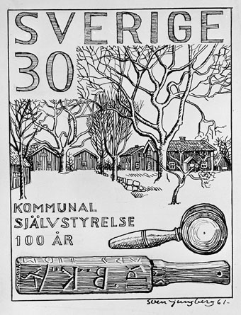 Frimärksförlaga till frimärket "Kommunallagarna 100 år", utgivet 21/3 1962. Budkavle, ordförandeklubba. Förslagsteckningar i Postmusei samlingar. Förslagsteckning (nr 1) utförd av Sven Ljungberg 1961.
Valör 30 öre.