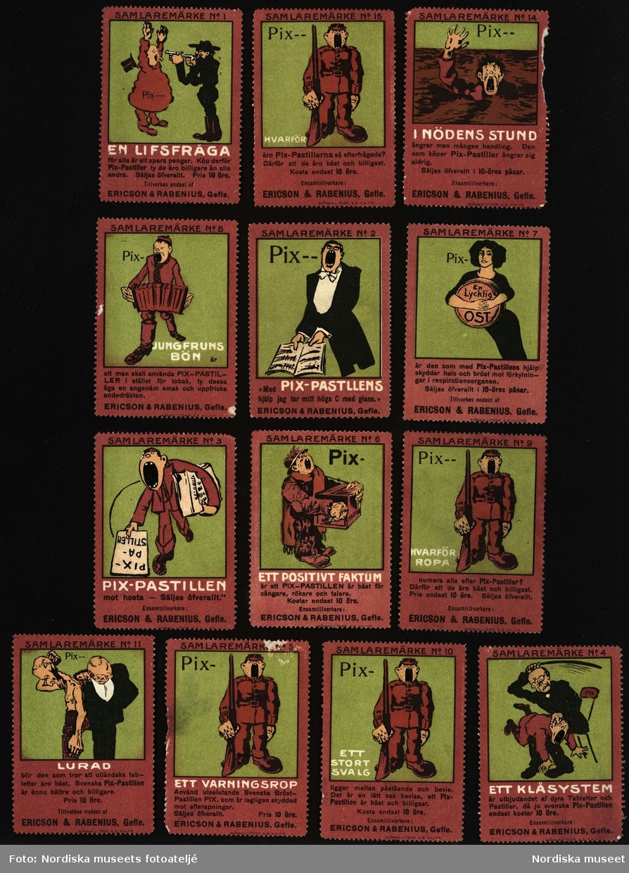 Humoristiska reklammärken för Pixpastillen.
Reklammärken 1900-1976: (Företag från övre raden vänster) ”Pix-Pastiller, Ericson & Rabenius, Gefle”.