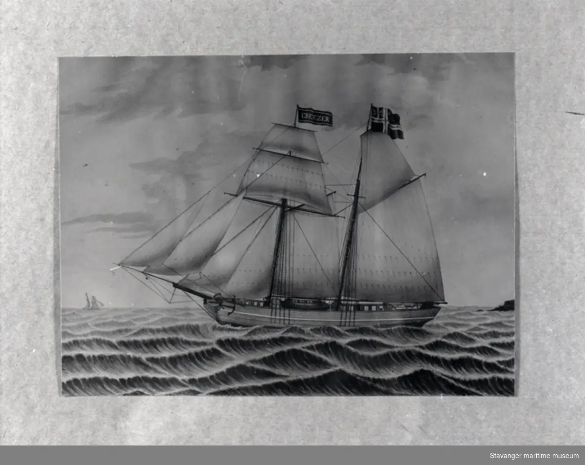 Avfotografert skipsportrett av skonnert "Ebenezer", bygget i Stavanger i 1847.