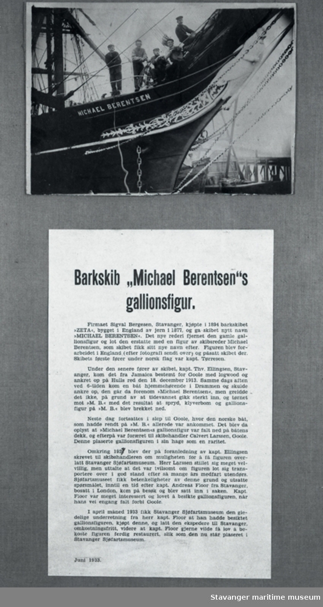 Reprofoto av en trykt tekst om "Barkskib Michael Berentsen gallionsfigur " juni 1933.