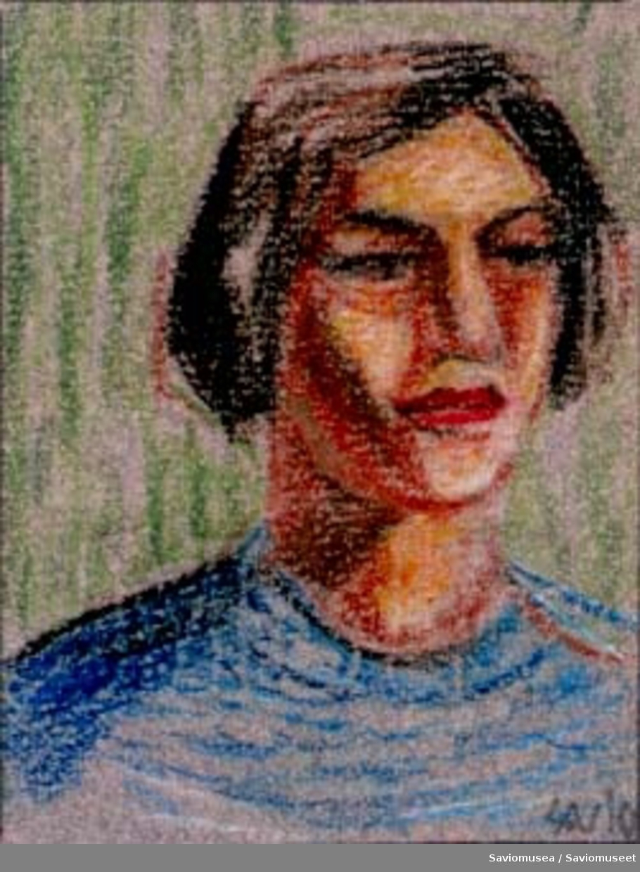 Tegning av et ansikt og øverste del av overkropp. Personen har halvlangt mørkt hår og er kledd i en blå overdel. Grønn bakgrunn.