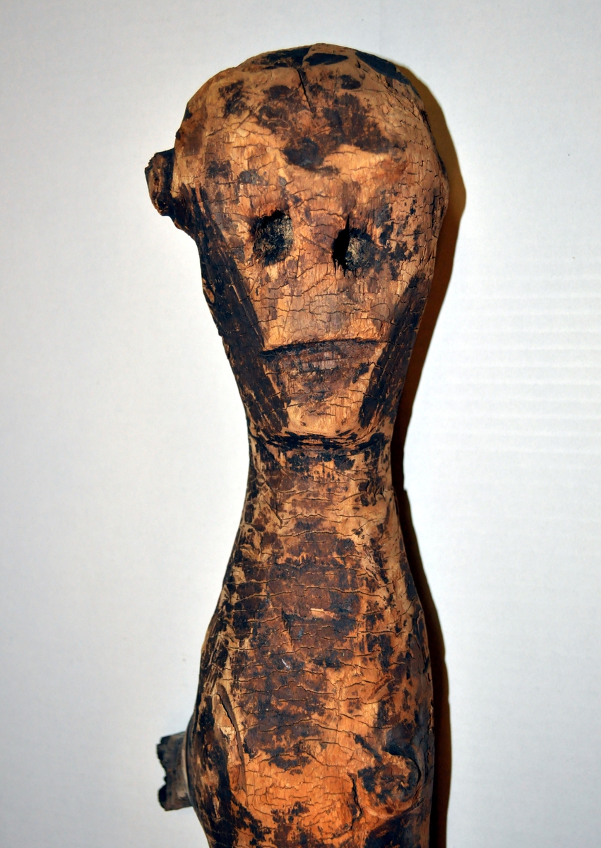 Fra protokollen: 2 husgudar (111 og 112) av gran, funne nedstungne i gormyr, saman med attributtar (3 tresnabbar). Nærmare "beskrivelse" av figurar, attributtar og fundtilhøve i R. Berge, Husgudar i Noreg (1921).
Trestokk formet som menneskelignende figur.
