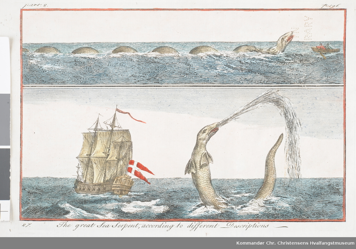 To motiver som viser en sjøorm, samt en seilskute.