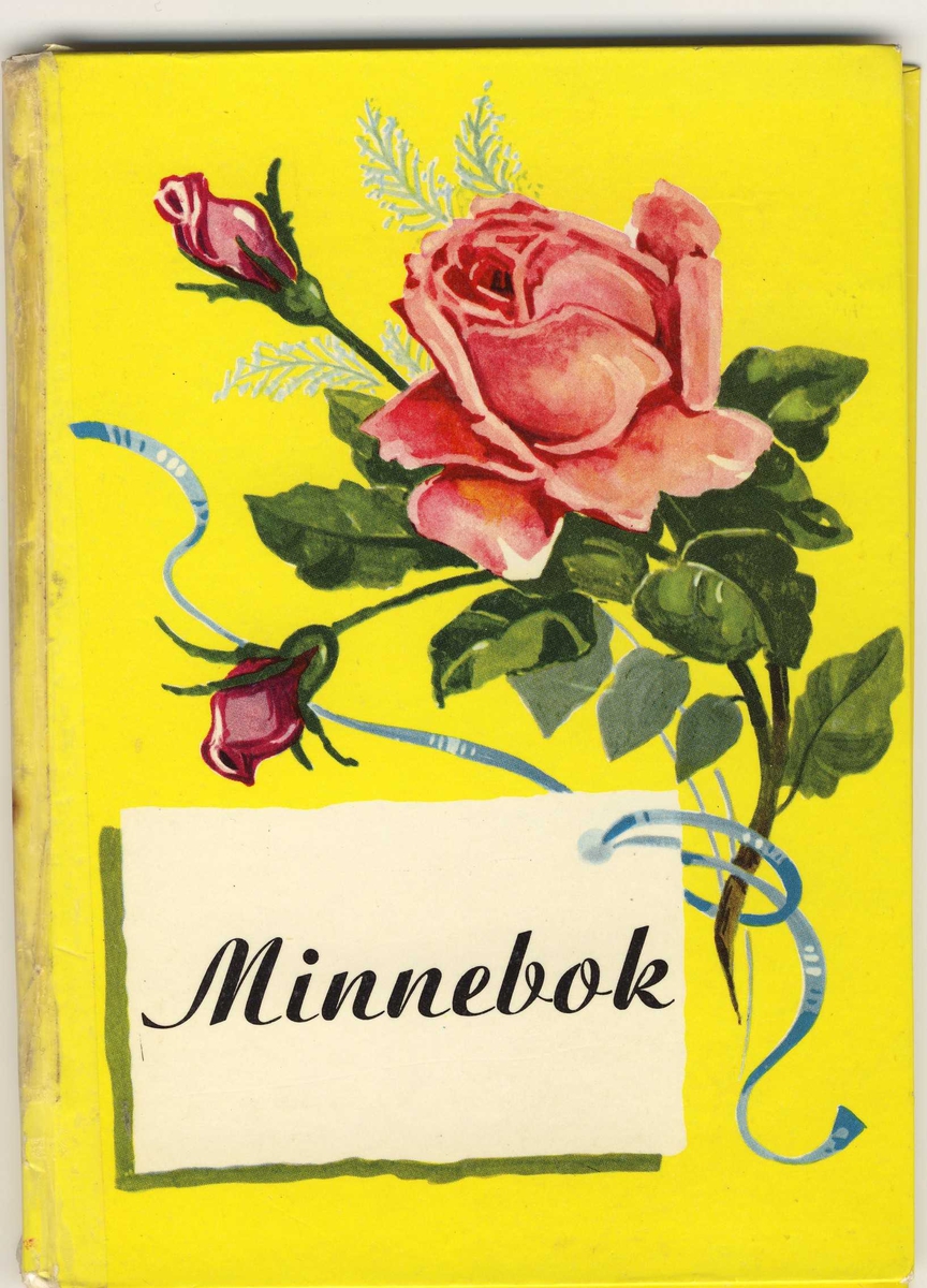 Gul minnebok, med tegninger av roser på. Til en stor rose er det festet en lapp hvor det står Minnebok. I god stand. Tapet i ryggen.. På første side står det: Se bak i boka der står en gutt å ler. På siste side står det: Nyskjærrigper. 