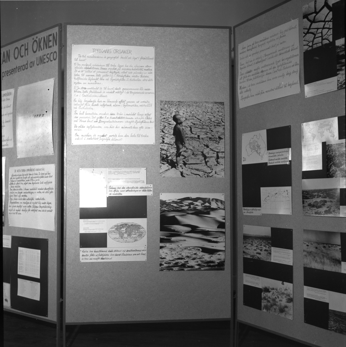 'Uställningen ''Människan och öknen - en utställning presenterad av UNESCO''. ::  :: Utställningsskärm med texter och bilder ''Människan och öknen'' och ''Torkans orsaker''. ::  :: Ingår i serie med fotonr. 6984:1-18.'