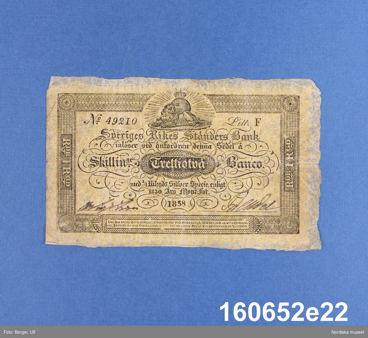 Sveriges Rikes Ständers Bank, 32 skillingar banco. Daterad 1858, nr 49210, litt F.
