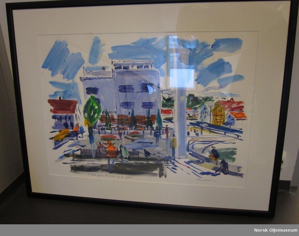 Kunstverk av John Simonsen som var planlagt at skulle utsmykke den nye prosess- og boligplattformen på Valhallfeltet. Maleriet viser et bylandskap hvor blått er en sentral farge.