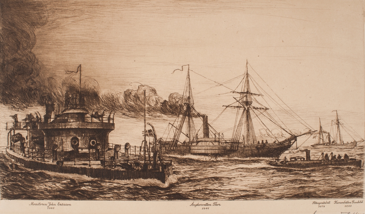 Skeppstyper: Monitorer John Ericsson 1865, Stångminibåt 1878 Gunhild kanonbåt 1863, ångkorvetten Thor 1841