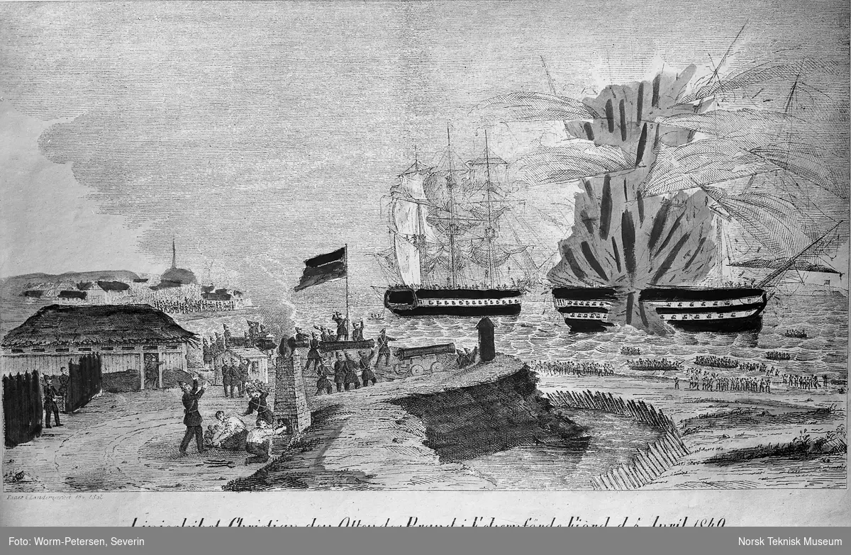 Tegning av krigsarena, Danmark. Tekst: Linieskibet Christian den Ottendes Brand i Eckernforde Fjord d. 5. April 1849