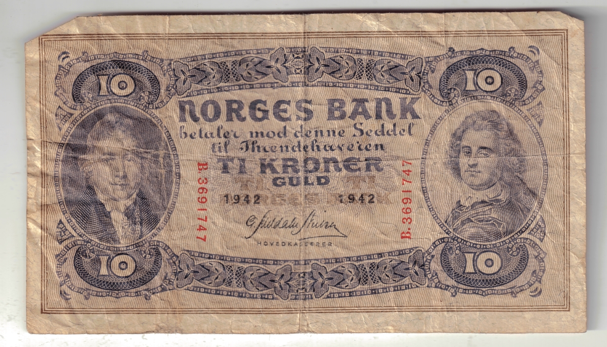 To falske sedler for ti kroner merket 1941 og 1942