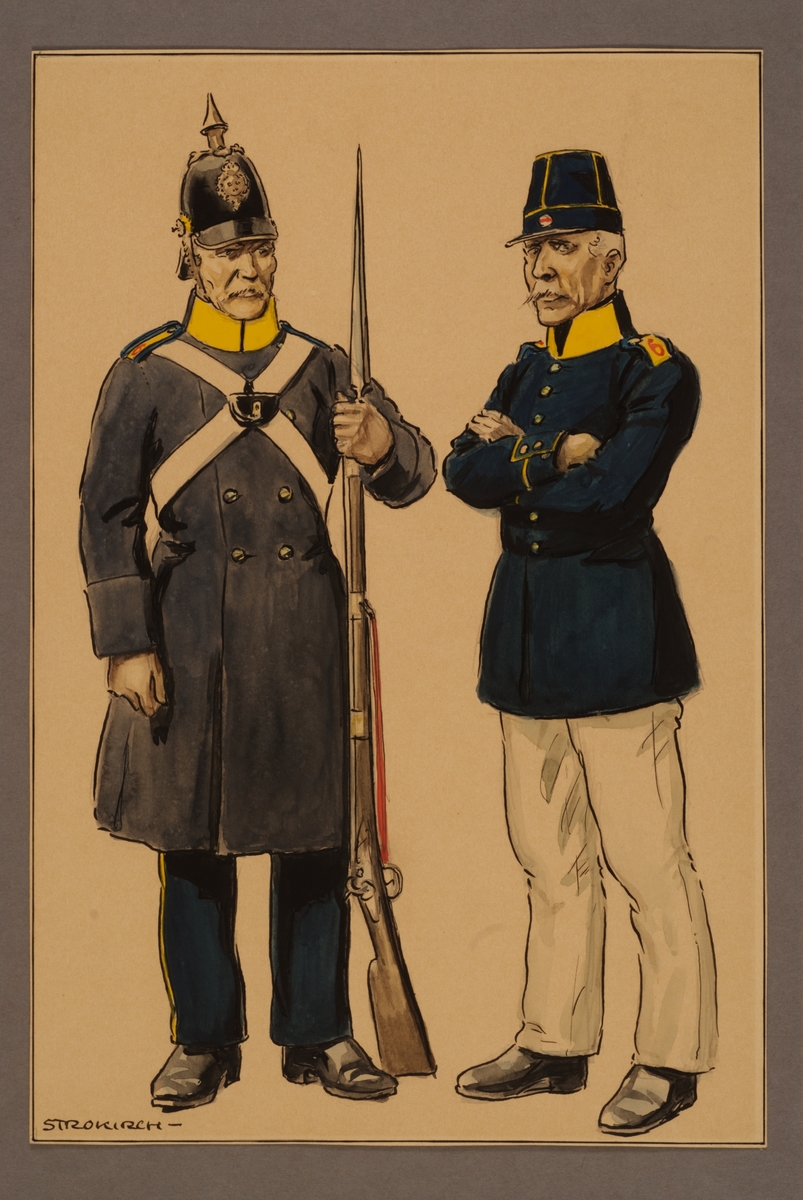 Plansch med uniform för meniga vid Västgöta regemente 1845, ritad av Einar von Strokirch.