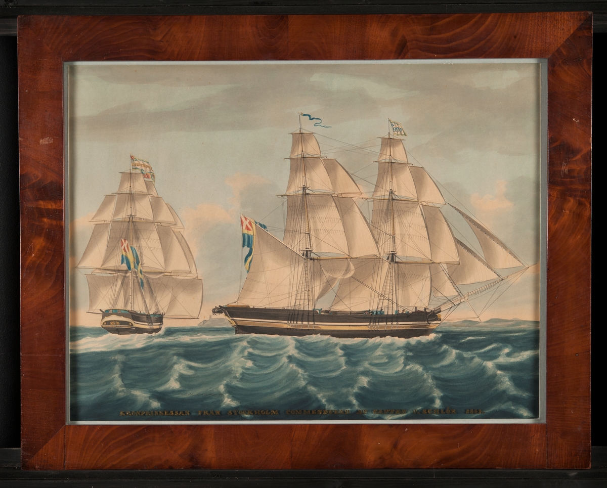 Briggen Kronprinsessan, styrbords  sida, under  segel.  T.v. fartyget akterifrån.  Text på glaset: "Kronprinsessan från Stockholm cornmenderad  af capten J. Schlör 1843".