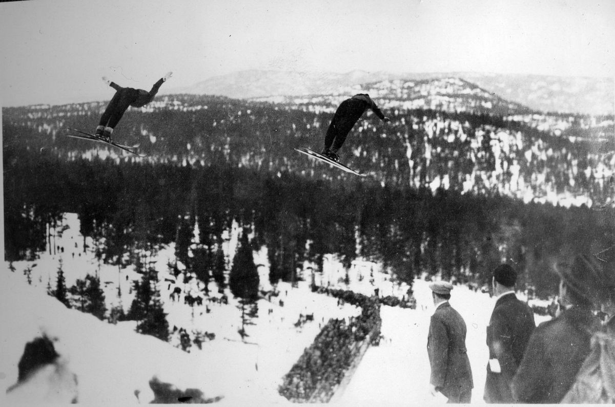 Kongsberg skiers Sigmund and Birger Ruud doing a double act in Hannibalbakkken 1929