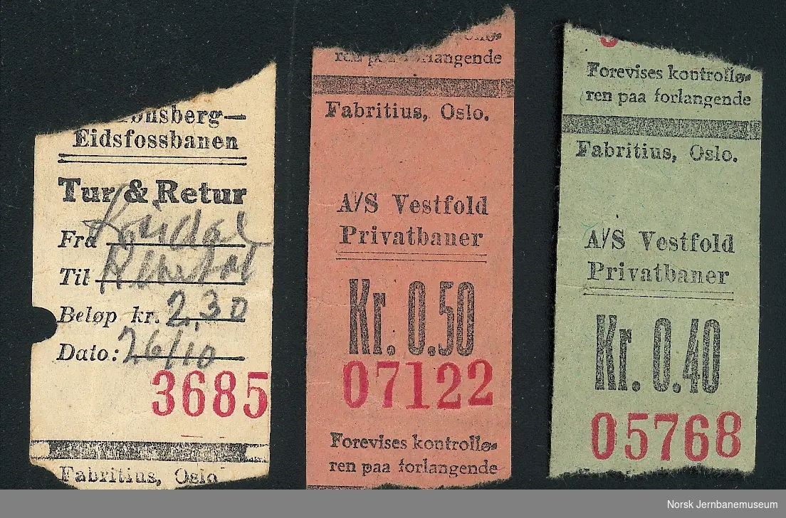 Eksempler på rullebilletter fra Tønsberg-Eidsfossbanen og Vestfold Privatbaner