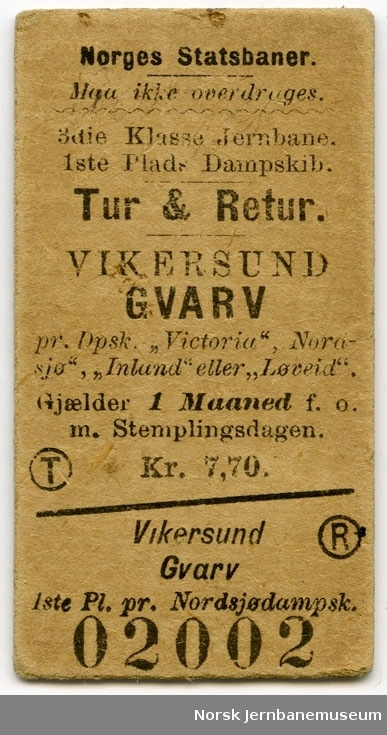 Tur/returbillett Vikersund-Gvarv pr. Dpsk. "Victoria", "Nordsjø", "Inland" eller "Løveid", 3die Klasse jernbane, 1ste Plads Dampskib, ubrukt