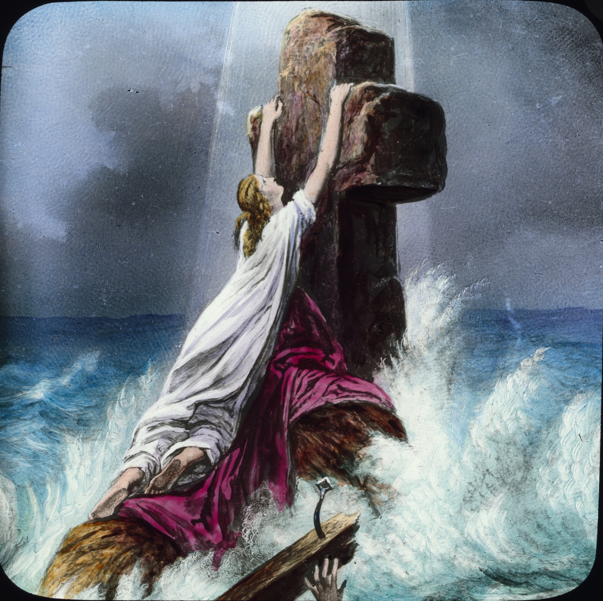 Kolorerad skioptikonbild med religiöst motiv. Skeppsbruten kvinna på kors.