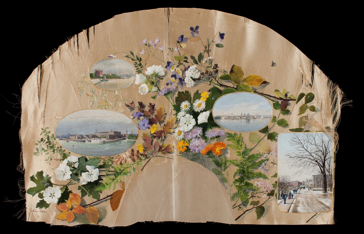 Målning på siden med motiv från Stockholm omgivna av blommor.