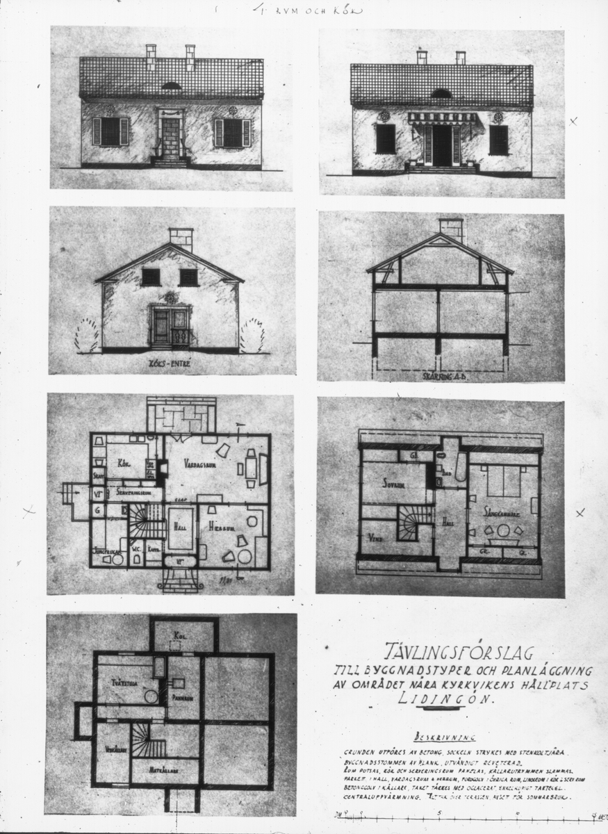Bild från Ingenjör P. Wretblads material för Bygge och Bo-utställningar.
Tävlingsförslag för byggnadstyper och planläggning av området nära Kyrkvikens busshållsplats, Lidingö.