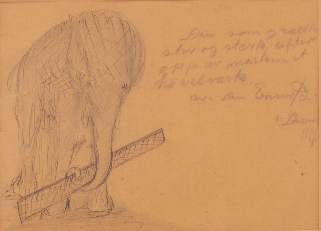 Elefant med tømmerstokk i snabelen.