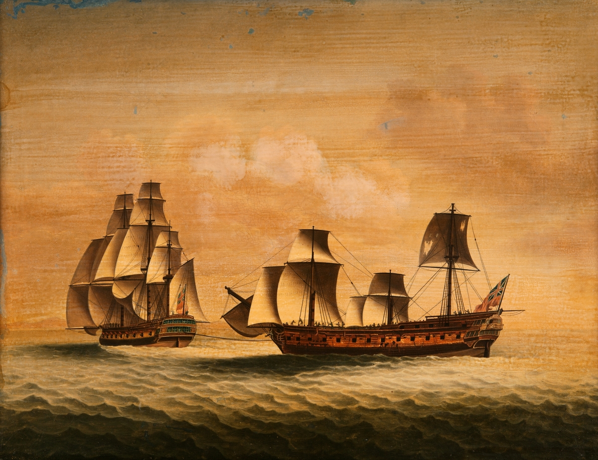 Engelskt fregattskepp med uppriggade nödmaster förande lämpliga segel och bogserat av annat skepp. Skador i skrovet förmodligen efter sjöslag. Båda förande engelsk handelsflagg. I bakgrunden kuststräcka.