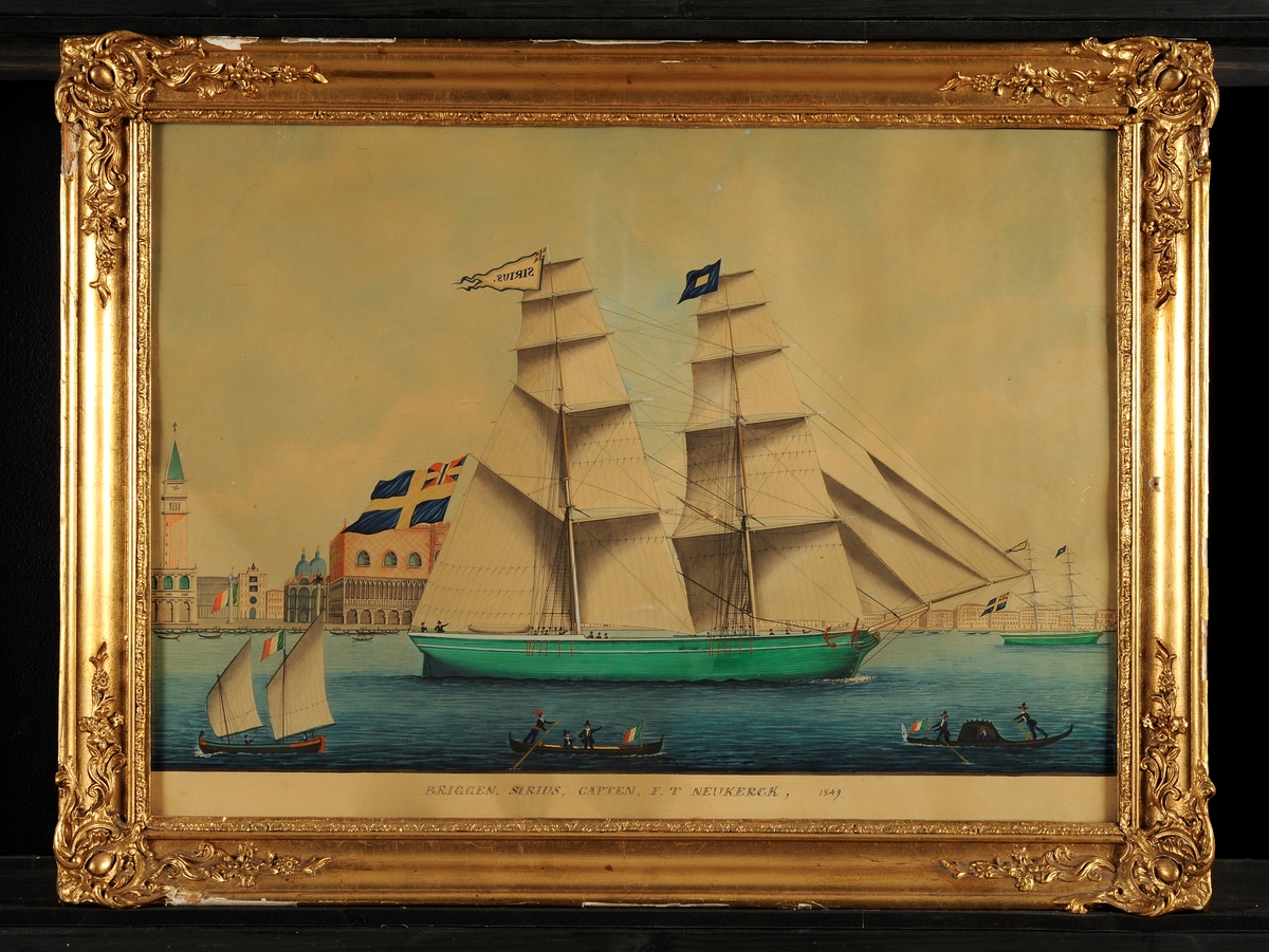 Akvarell Briggen S I R I U S, Capten F.T. Neukerck, 1849". Fartyget ligger för styrbords halsar med alla segel satta. På förtoppen signalen P. På stortoppen namnvimpel och under gaffeln svensk flagg med unionsmärke. Fartyget seglar i hamnen i Venedig, i bakgrunden staden.