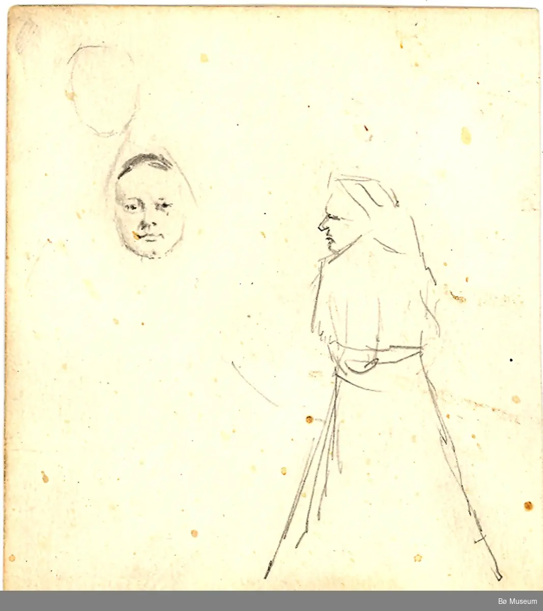 Side 1: Mann utan hovud, det ligg eit laust hoveud opp ned ved sidan av
Side 2: Kvinne i stakk i profil og eit laust andlet