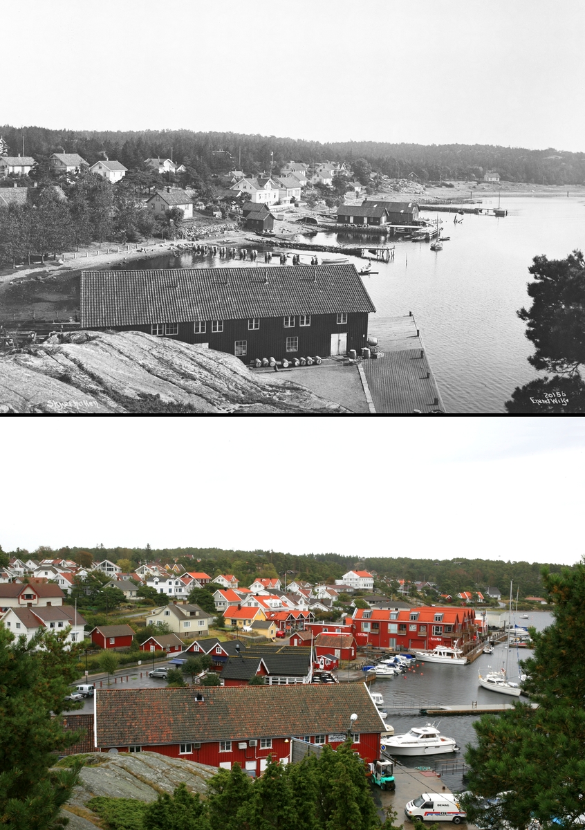 Refotografering. Strandlinjen i Skjærhalden, Hvaler i 1918 og 2007. Utbygging rundt havnen.