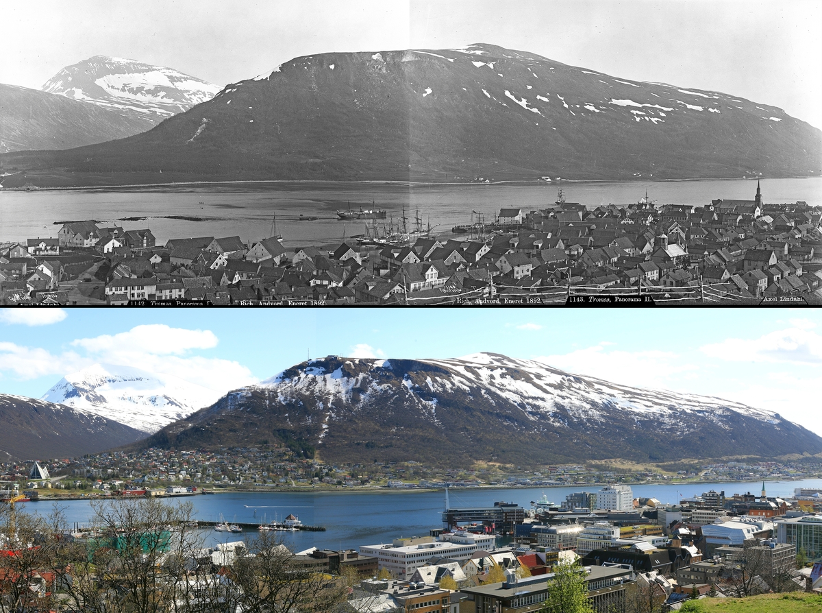 Refotografering. Utsikt over Tromsø mot Tromøya. Fotografert 1885 og 2007. Småhusbebyggelse er avløst av blokkbebyggelse og kontorbygg. Tromøya er blitt bebygget langs med sundet. Utsikten er nå delvis skjult av trær.