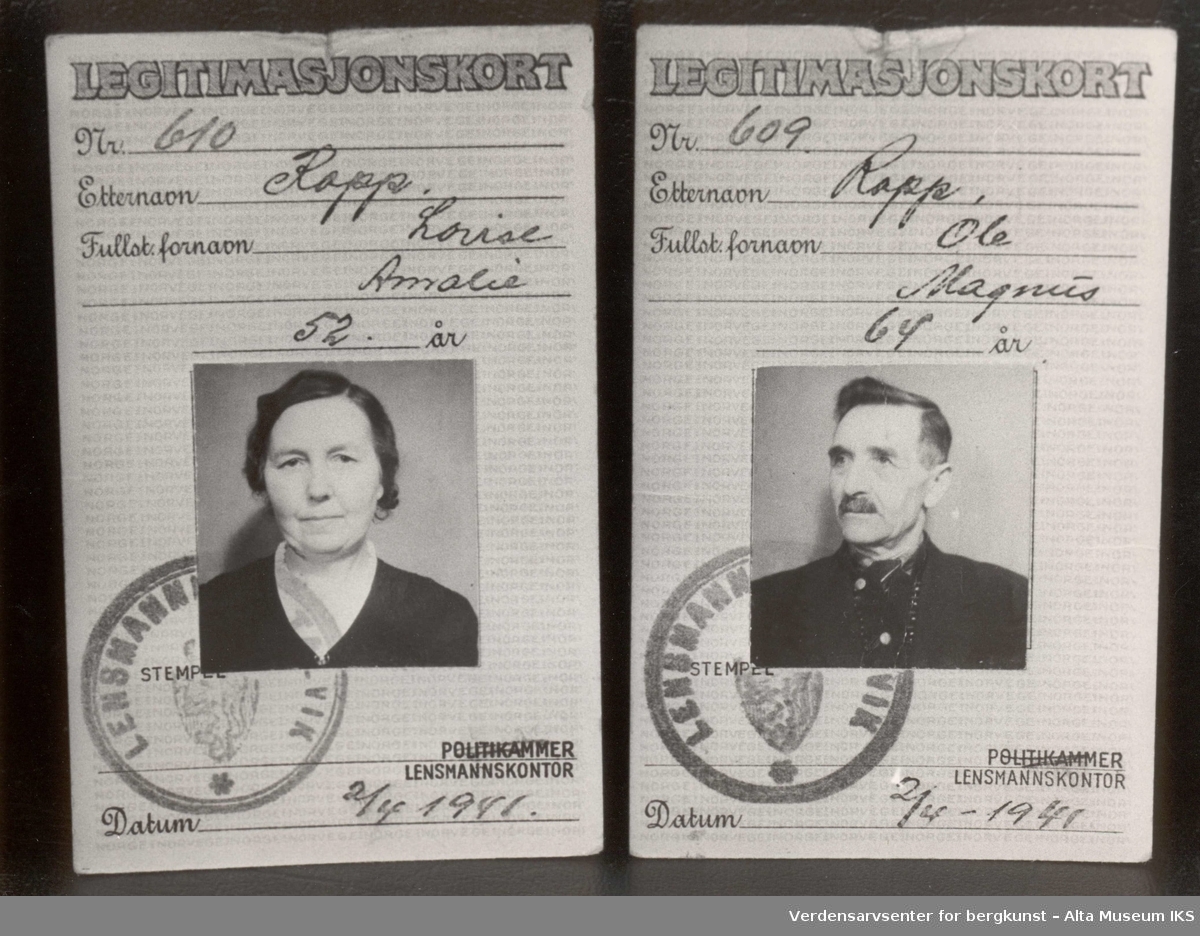 Legitimasjonskort fra 1941 utstedt av lensmannen i Talvik, en kvinne og en mann.